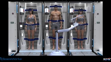 Vue d'artiste de ce à quoi pourrait ressembler les voyages vers Mars, dans le futur.