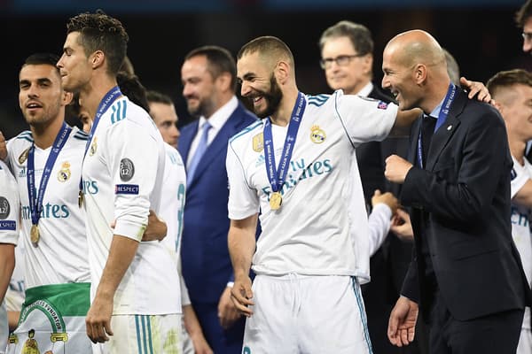 Zinedine Zidane avec Karim Benzema et Cristiano Ronaldo au Real Madrid en finale de la Ligue des champions 2018, à Kiev