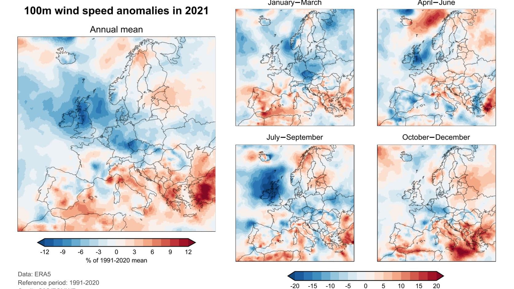 Anomalies moyennes annuelles et trimestrielles de la vitesse du vent à 100 mètres en 2021, par rapport à la période de référence 1991-2020. Anomalies moyennes annuelles et trimestrielles de la vitesse du vent à 100 mètres en 2021, par rapport à la période de référence 1991-2020.