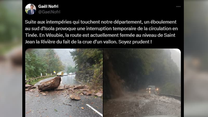Plusieurs routes sont actuellement coupées ce mercredi 16 octobre dans le département des Alpes-Maritimes, à cause de chaussées inondées ou d'éboulements.