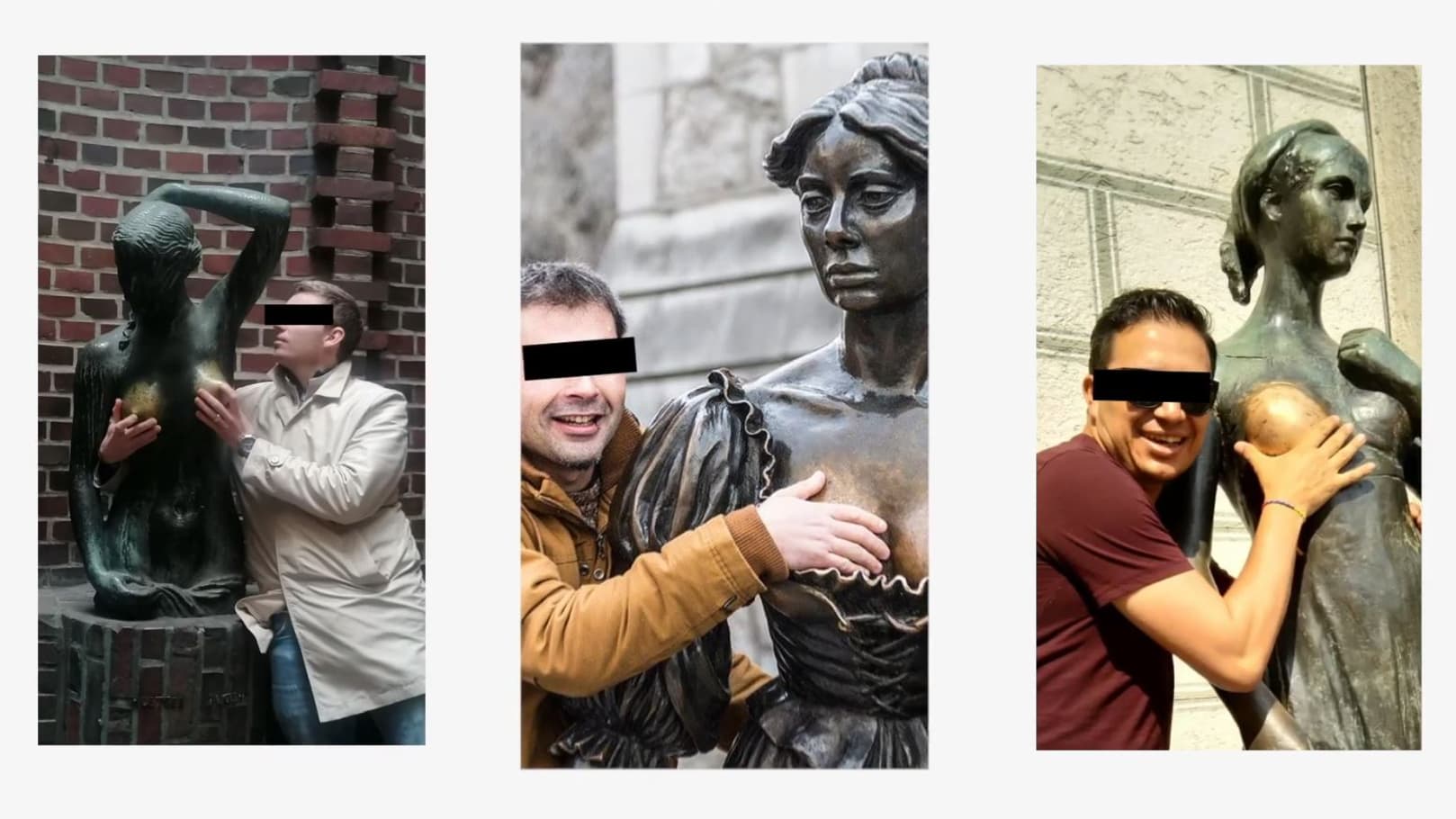 Des hommes en train de toucher la poitrine de statues dénudées, au point que celles-ci finissent par se décolorer.
