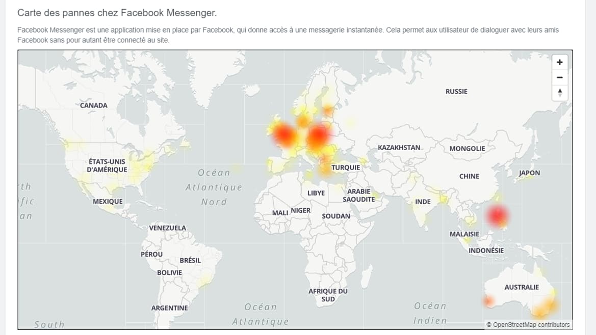 Capture d'écran de la page dédiée à Facebook Messenger, sur le site Downdetector, le 10 décembre 2020 Capture d'écran de la page dédiée à Facebook Messenger, sur le site Downdetector, le 10 décembre 2020