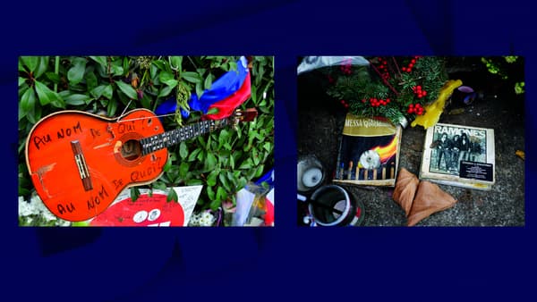 Une guitare devant le Bataclan le 10 décembre 2015 - Un livre et un CD devant le Bataclan le 18 janvier 2016 Une guitare devant le Bataclan le 10 décembre 2015 - Un livre et un CD devant le Bataclan le 18 janvier 2016