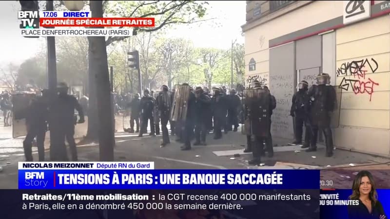Manifestation contre la réforme des retraites: une banque prise pour cible à proximité de la place Denfert-Rochereau