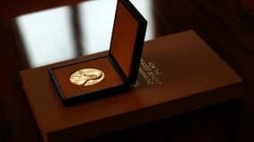 La médaille du Prix Nobel de l'écrivain britannique Abdulrazak Gurnah est exposée sur une table de l'ambassade de Suède à Londres, le 6 décembre 2021 (photo d'illustration)