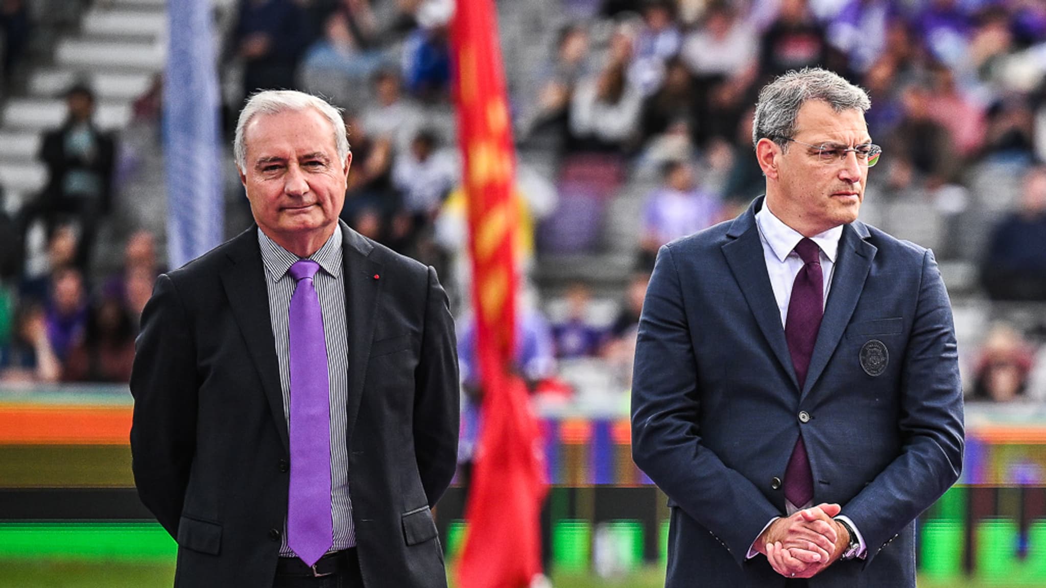 Jean-Luc Moudenc, le maire de Toulouse, au côté du président Damien Comolli au Stadium en septembre 2024