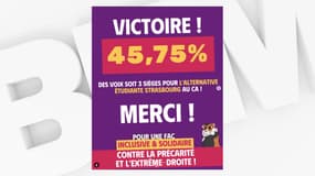Le visuel partagé par l'Alternative étudiante de Strasbourg, arrivée en tête des élections étudiantes à l'Université de Strasbourg début février 2025.