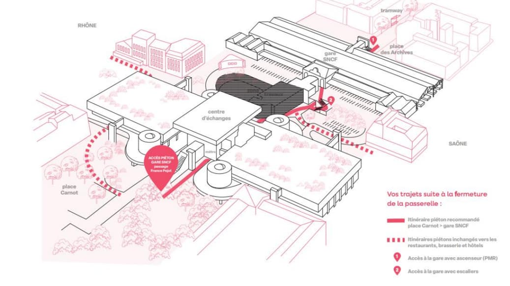 Plan des parcours piétons pendant les travaux (en noir, le site en chantier) à la gare de Lyon Perrache à partir du 17 février 2025 Plan des parcours piétons pendant les travaux (en noir, le site en chantier) à la gare de Lyon Perrache à partir du 17 février 2025