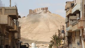 Photo prise le 27 mars 2016, montrant la citadelle de la cité antique de Palmyre, vue depuis un quartier résidentiel de la ville moderne, après que les troupes syriennes l'ont reprise à Daesh. 
