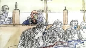 Croquis d'audience de Aissa Z. dans le box des accusés, lors de son procès à la cour d'assises de l'Essonne pour 34 viols et agressions sexuelles commis entre 1995 et 2000 en forêt de Sénart, le 15 septembre 2020 à Evry