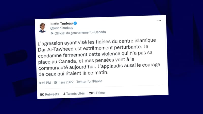 Le Premier ministre canadien Justin Trudeau dénonce une attaque contre une mosquée le 19 mars 2022