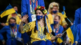 Des membres de l'équipe paralympique ukrainienne lors de la cérémonie d'ouverture des Jeux de Tokyo-2020, le 24 août 2021