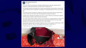 Capture d'écran Facebook de la douane de l'aéroport d'Auckland, en Nouvelle-Zélande. Sur la publication, il est possible de lire : "Ho Ho Non ! Un passeur de drogue qui tente de faire passer de la méthamphétamine en contrebande à l’aéroport d’Auckland, emballée comme cadeau de Noël, vient de figurer sur la liste des vilains du Père Noël."