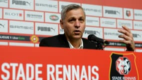 Bruno Genesio, désormais à la barre du Stade Rennais, lors de sa présentation au Roazhon Park, le 5 mars 2021
