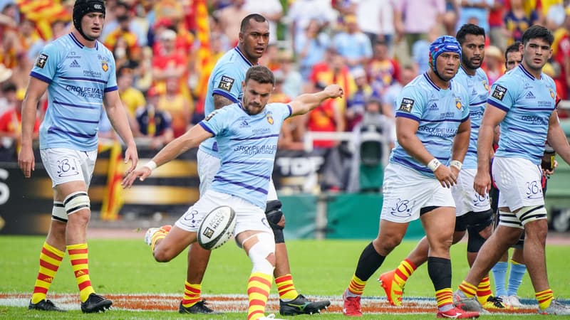 Melvyn Jaminet qui bute avec Perpignan le 12 juin 2022, lors du match d'accession