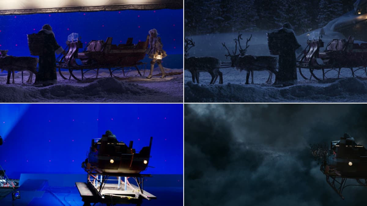 Santa et son traineau avant et après l'ajout des effets visuels Santa et son traineau avant et après l'ajout des effets visuels