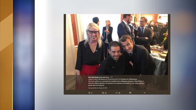 Le blogueur et aventurier Samuel Marie avec Emmanuel Macron, le lundi 23 avril 2018 aux Etats-Unis.