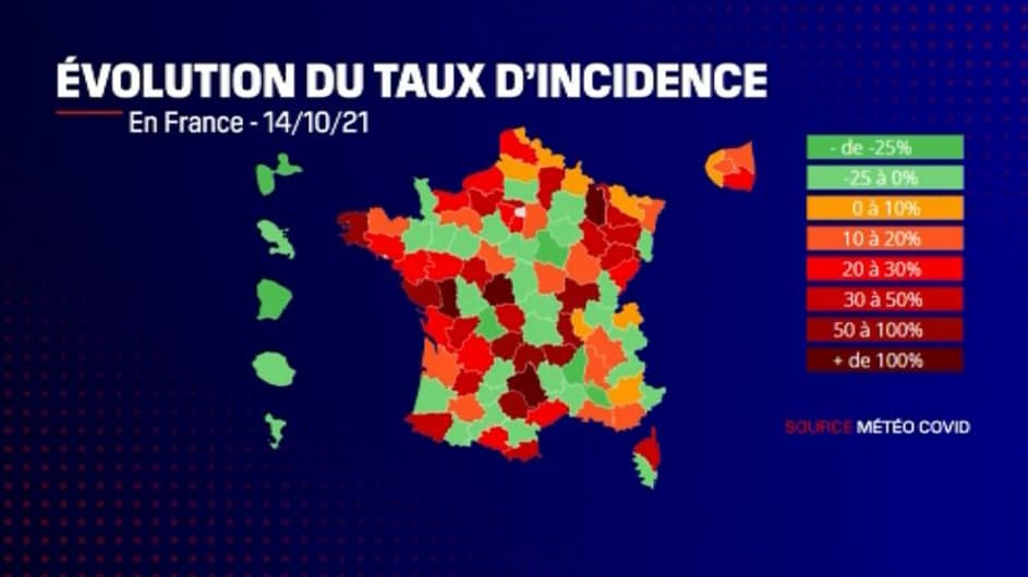 Carte des niveaux de taux d'incidence par département en France au 14 octobre Carte des niveaux de taux d'incidence par département en France au 14 octobre