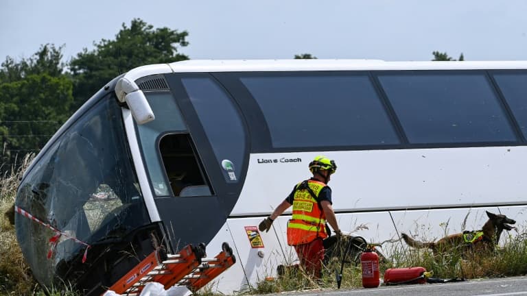 Un maître-chien du SDIS 49 intervient près d'un car qui transportait des adultes et des enfants ukrainiens avant d'avoir un accident faisant plusieurs morts sur l'A81 à Degré, en Sarthe, le 13 juin 2025