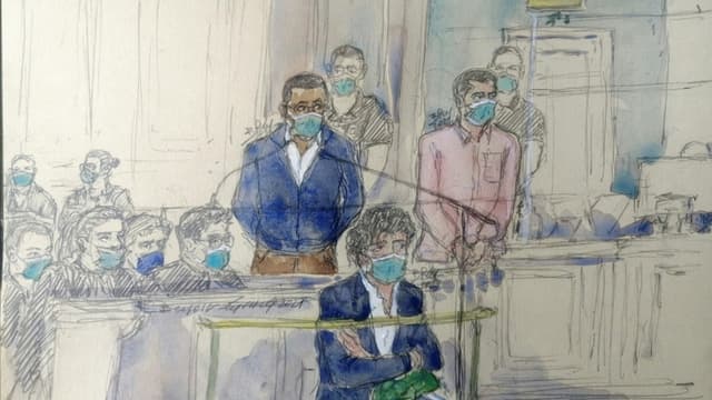 Croquis d'audience de Yacine Mihoub (g) et Alex Carrimbacus, au premier jour de leur procès pour le meurtre de Mireille Knoll, le 26 octobre 2021 à Paris