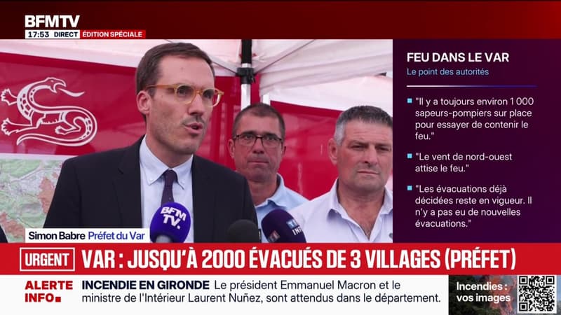 Incendie dans le Var: "Sur les trois villages, on est entre 1.500 et 2.000 personnes évacuées", détaille le préfet Simon Babre