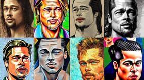 L'acteur Brad Pitt imaginé par l'outil Stable Diffusion selon plusieurs styles artistiques