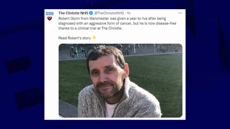 Tweet montrant Robert Glynn, ancien malade du cancer guéri grâce à un essai clinique reposant sur l'immunothérapie. 