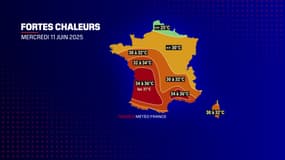 Le pic de chaleur annoncé par Météo France mercredi 11 juin 2025. 