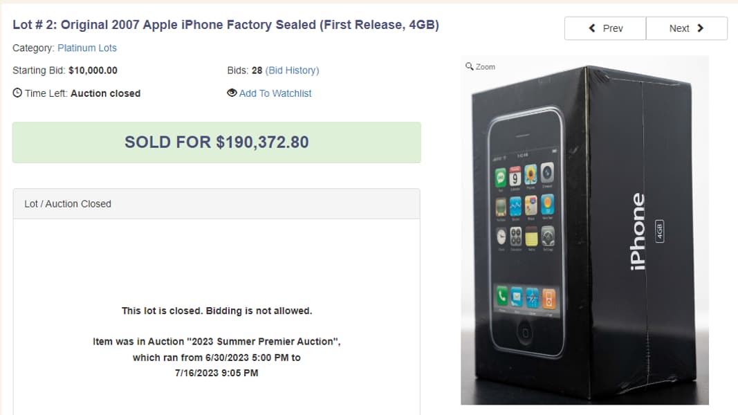 Un iPhone de première génération a été vendu aux enchères le 16 juillet 2023 pour 158.644 dollars.