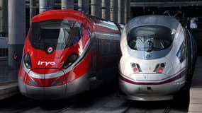 Deux trains à la gare de Madrid-Atocha (Espagne) le 26 février 2023. A gauche, une rame Iryo (Trenitalia), à droite, une rame Alvia (Renfe).