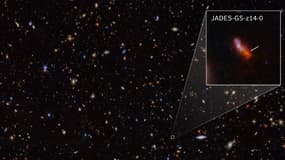 Image infrarouge du télescope spatial James Webb de la NASA, prise le 30 mai 2024 par la caméra NIRCam, dans le cadre du programme JADES.