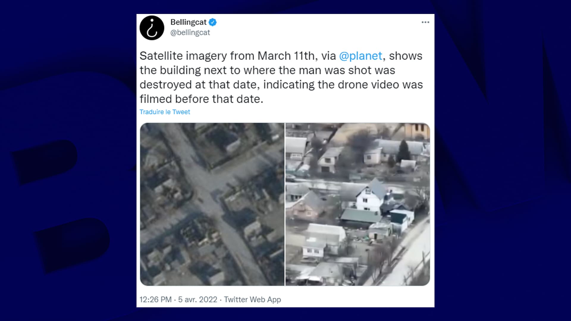 Un tweet daté du 5 avril et publié par le média Bellingcat qui dénonce un crime de guerre de la Russie à Boutcha, en Ukraine Un tweet daté du 5 avril et publié par le média Bellingcat qui dénonce un crime de guerre de la Russie à Boutcha, en Ukraine