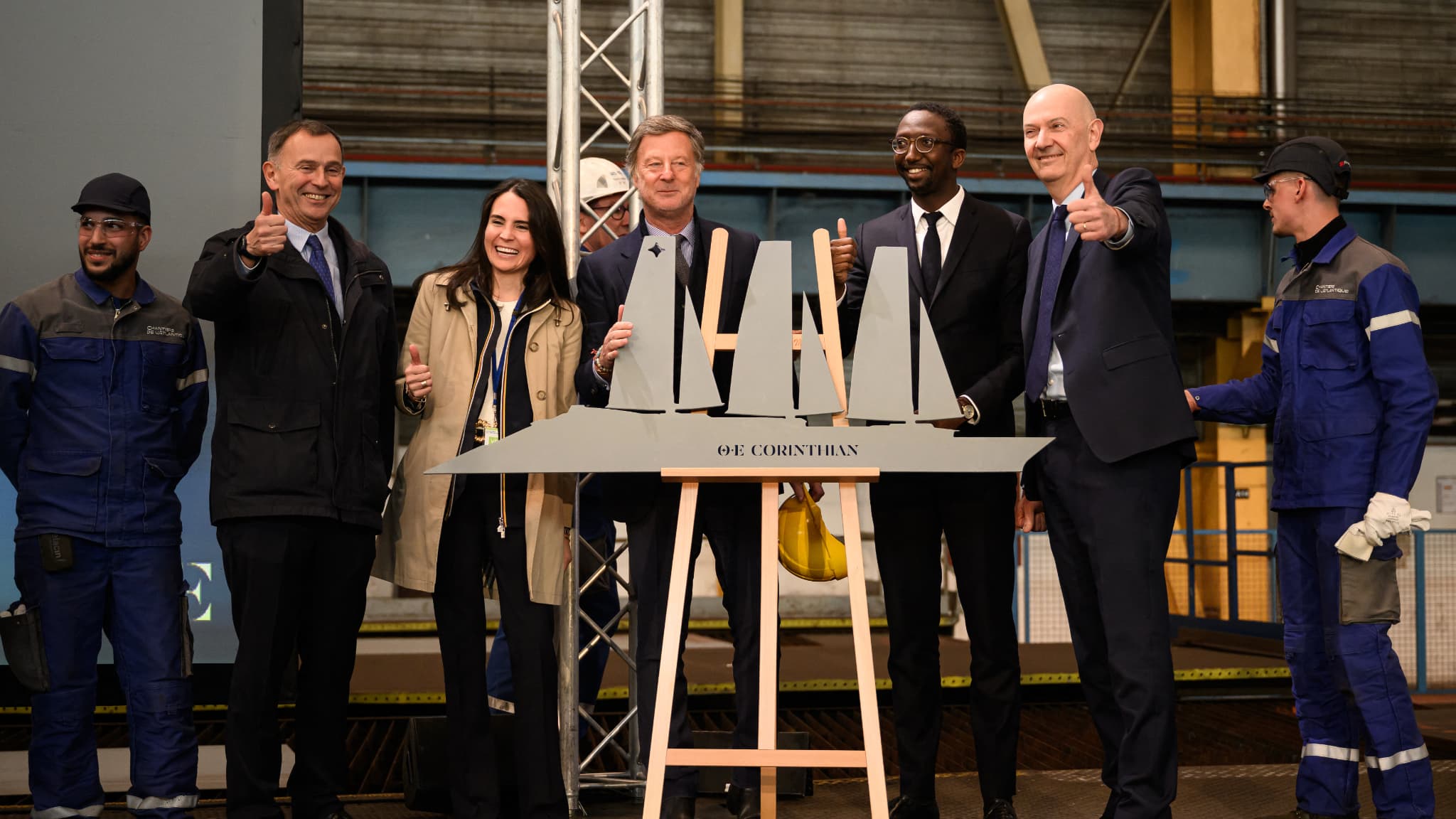 La maquette du voilier Orient Express lors d'une visite ministérielle des chantiers de l'Atlantique, le 28 mars 2024.