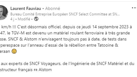 Post LinkedIn sur le test réussi à 320 km/h du TGV M