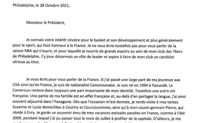 La lettre de Joël Embiid à Emmanuel Macron pour obtenir la nationalité francaise (partie 1)