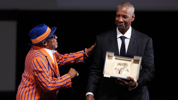 L'acteur Denzel Washington recevant sa Palme d'or d'honneur le 19 mai 2025 au Festival de Cannes