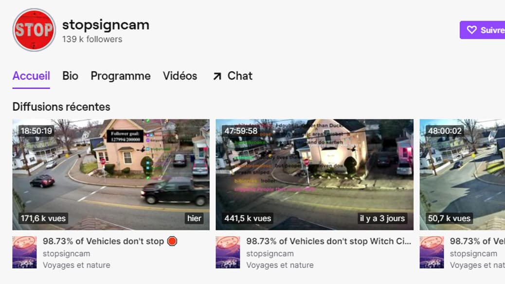 Capture d'écran de la chaîne Twitch Stopsigncam Capture d'écran de la chaîne Twitch Stopsigncam