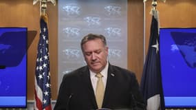 Mike Pompeo, Secrétaire d'Etat des Etats-Unis, lors d'une conférence de presse le 18 novembre 2019 à Washington