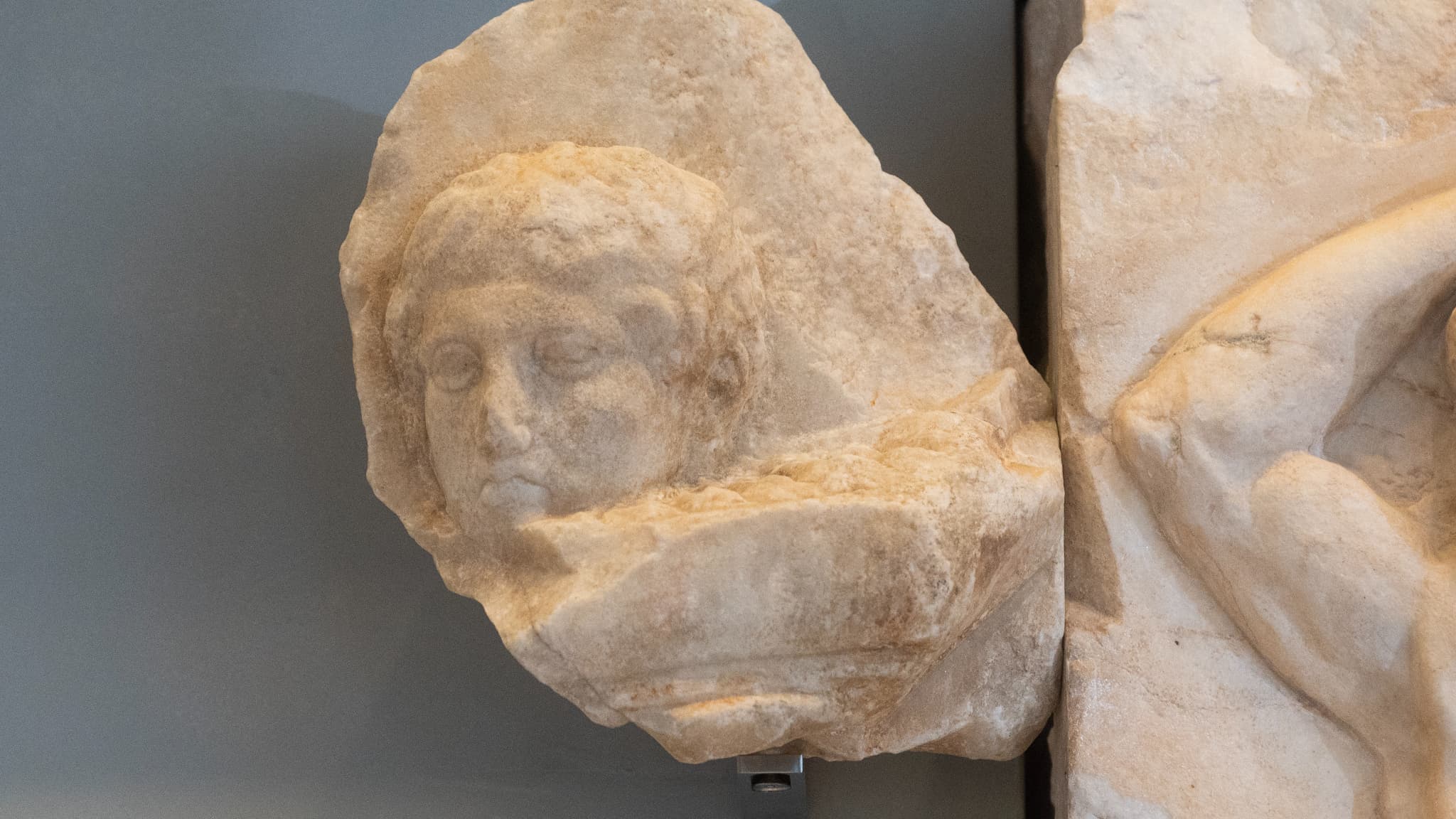 Une tête de jeune garçon, fragment du Parthénon, rendu par le Vatican à la Grèce