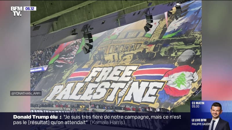 Un tifo en soutien à la Palestine déployé au Parc des Princes juste avant le début du match entre le PSG et l'Atlético Madrid