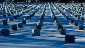 Des pierres tombales sont recouvertes par un épais manteau neigeux dans le cimetière ntaional d'Arlington à Washington, le 24 janvier 2016