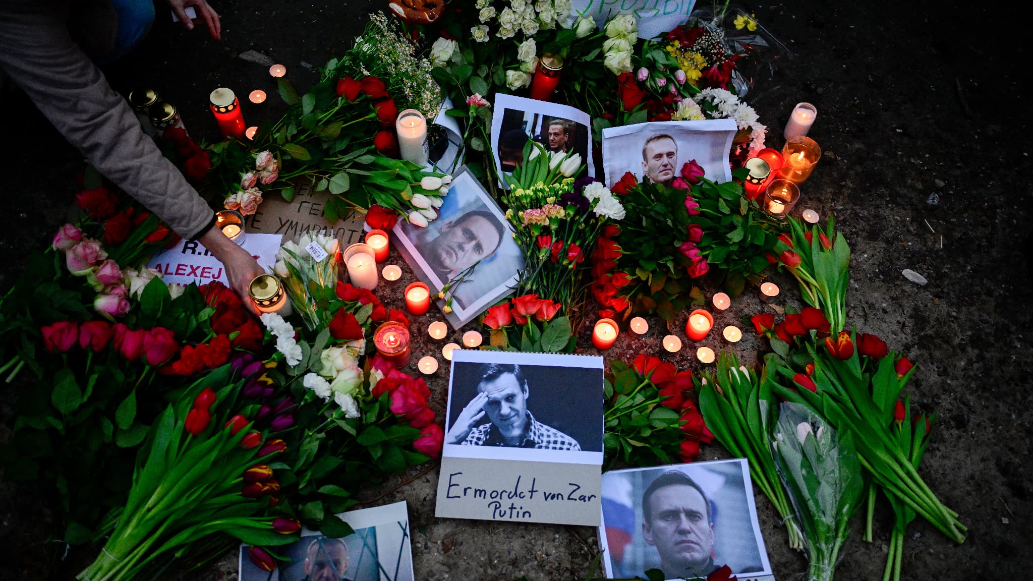 Des fleurs et des bougies sont déposées le 16 février 2024 devant l'ambassade de Russie à Berlin, après l'annonce de la mort d'Alexei Navalny.