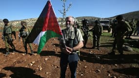 Un homme tient un drapeau palestinien et un olivier lors d'une manifestation destinée à planter 300 oliviers dans le village de Turmus Aya, près de Ramallah, dans un territoire occupé par Israël, le 10 Décembre 2014. (Illustration)