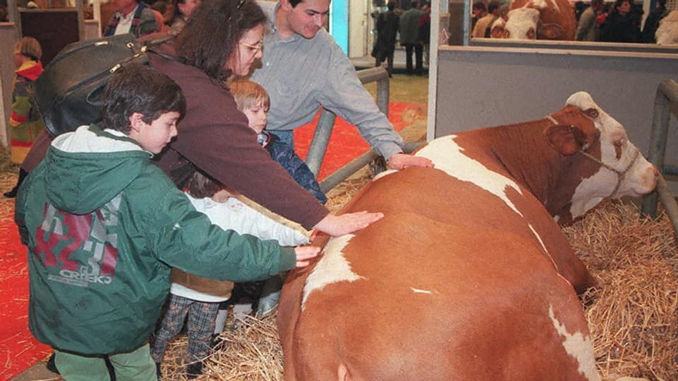 Une famille de visiteurs au Salon de l'Agriculture, le 23 février 1997.