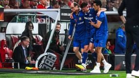 Quentin Merlin est sorti sur blessure lors du match Benfica-OM, en quart de finale aller de Ligue Europa (11/04/2024)