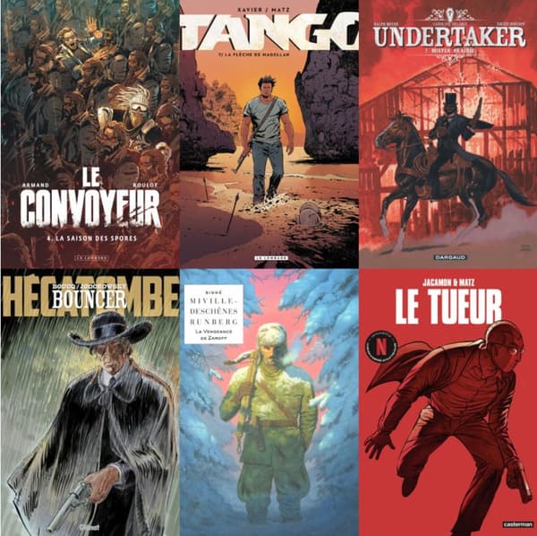Les couvertures des BD "Le Convoyeur", "Tango", "Undertaker", "Bouncer", "Zaroff" et "Le Tueur"
