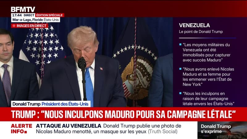 Capture de Nicolás Maduro: "Nous allons rester" au Venezuela "jusqu'à ce qu'une transition (politique) ait lieu", déclare Donald Trump