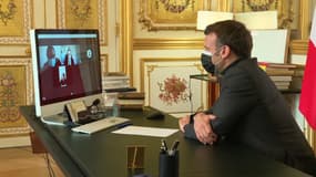 Emmanuel Macron lors du cours en visioconférence ce mardi après-midi. 
