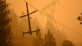 Un poteau électrique dans le comté de Plumas, en Californie (États-Unis), le 25 juillet 2021.