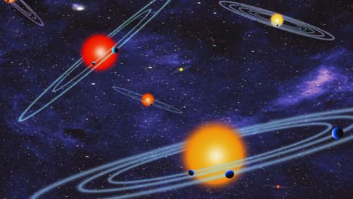 Vue d'artiste d'exoplanètes en orbites autour de leurs étoiles respectives.